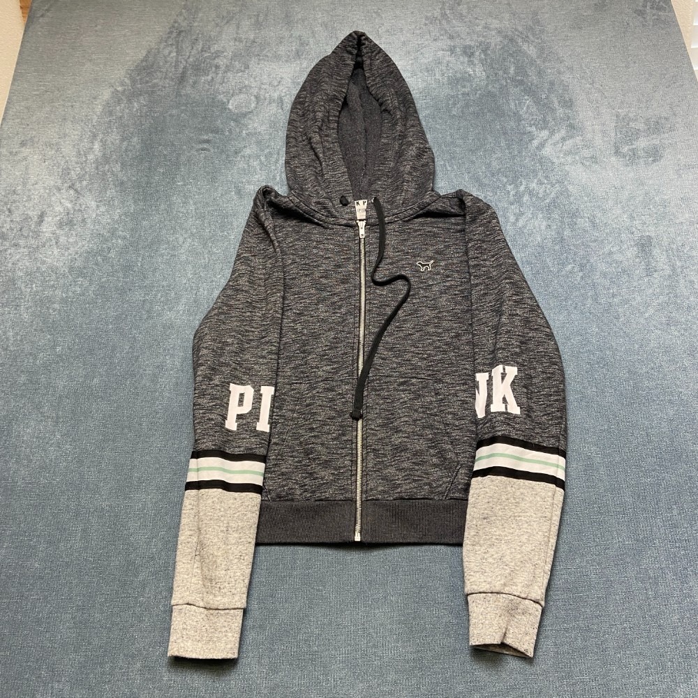 PINK Victoria's Secret Cropped Hoodie Womens Large Gray Fleece Lined Full Zip